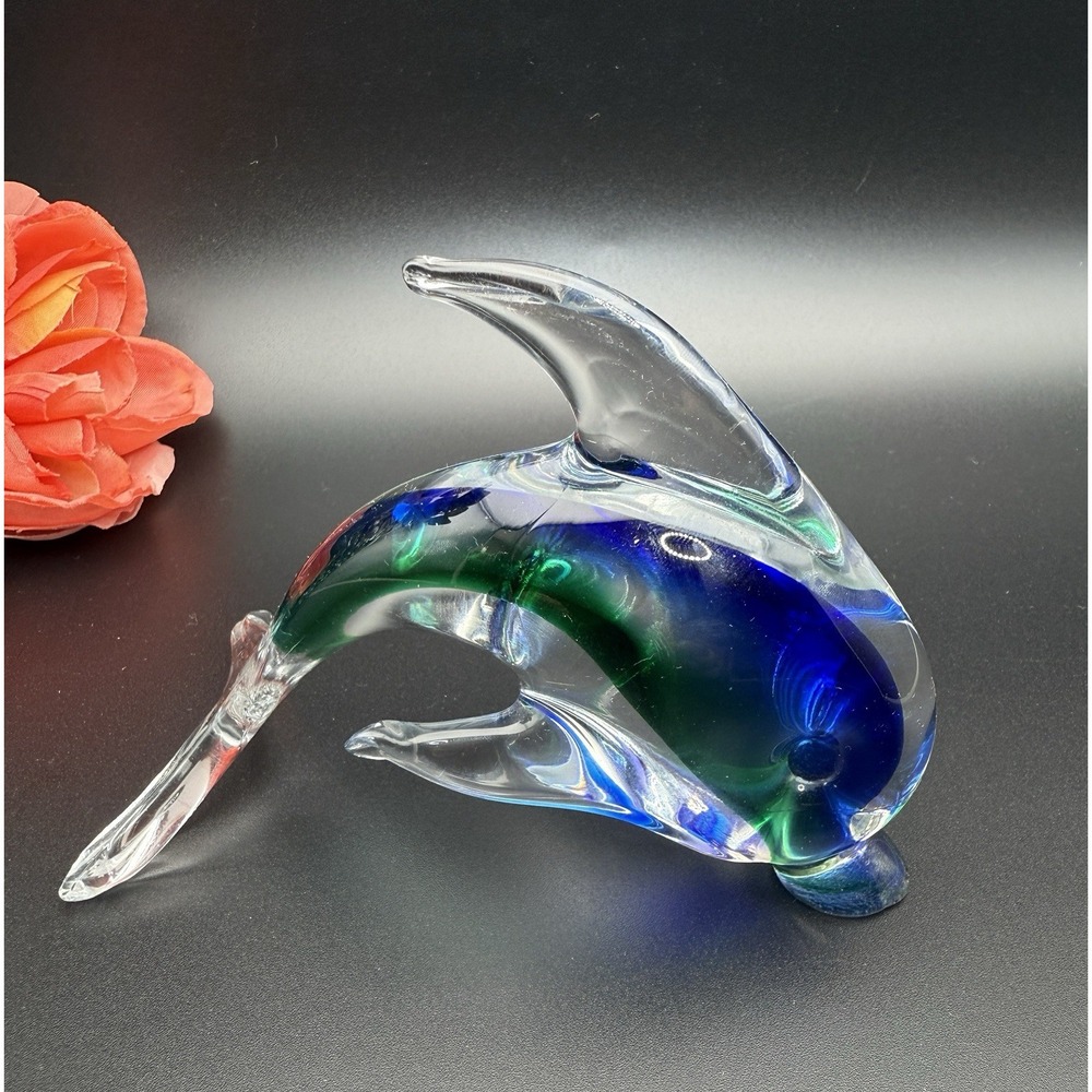 Murano-Style Hand Blown Art Glass Dolphin‎  Sculpture Cobalt Blue & Green 5"Long